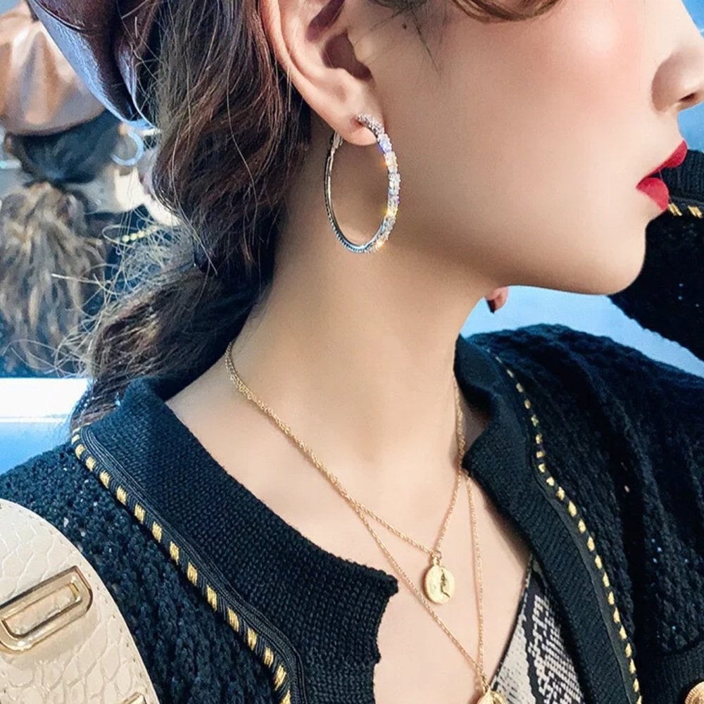 925 Sterling Silver White Sapphire Hoop Earrings - Picture 5 of 7